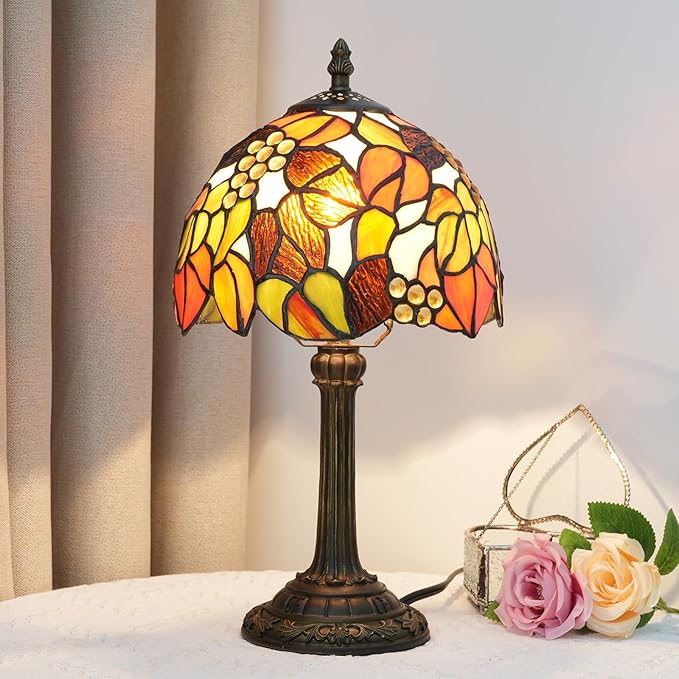 Tiffany Stained Glass Table Lamp, 8-Inch Retro Brown Maple Leaf Design Lovely Bedside Lamp, Suitable for Bedroom, Restaurant, Cafe and Other Furniture Decoration - Bloomnest
