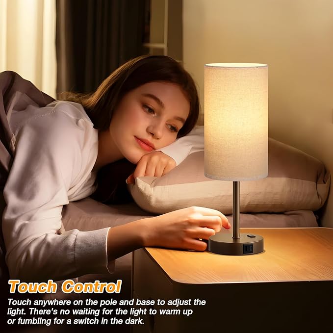 Touch Bedside Table Lamp with USB - 3 Way Dimmable Brown Lamp for Bedroom Nightstand, Desk Lamp with Charging Station for Dorm, Office, Kids Room, Living Room - Bloomnest