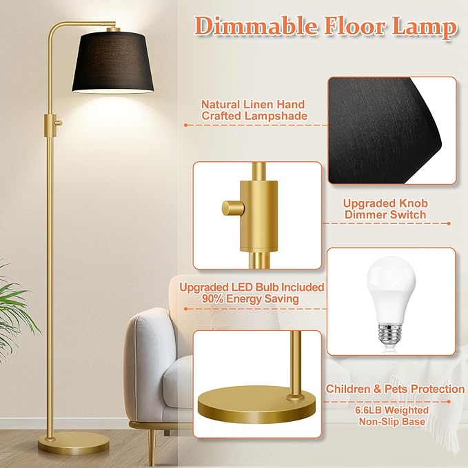 Nintiue Dimmable Gold Floor Lamp, 1000 LM LED Edison Bulb Included, Arc Floor Lamps for Living Room with Black Shade, Modern Standing Lamp Tall Lamps for Living Room Bedroom - Bloomnest