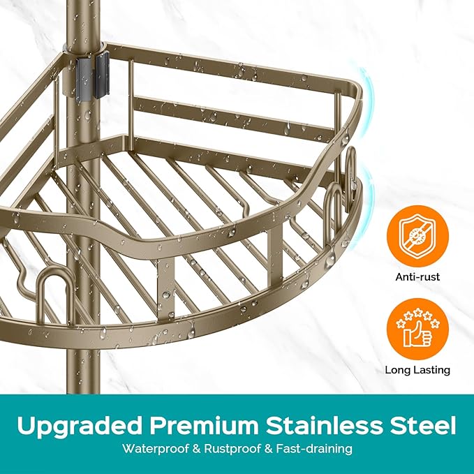 HAMITOR Corner Shower Caddy Tension Pole: Rustproof 4-Tier Bathroom Organizer Shelves for Bathtub Shampoo Storage - 47-121 Inch Quick Install Adjustable Rod Standing Rack with Soap Rack - Matte Gold - Bloomnest