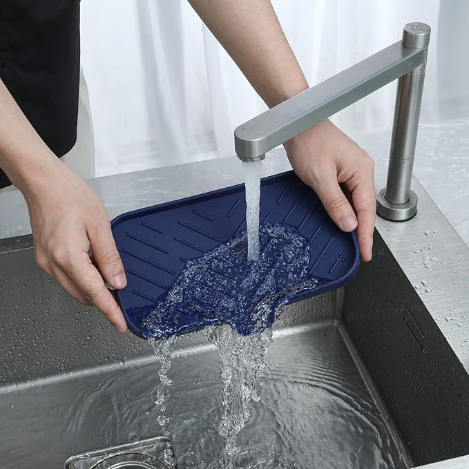 Silicone Bathroom Soap Dishes with Drain Spout-Kitchen Sink Organizer,Sponge Holder,Dish Soap Tray,Perfect for Dispenser,Scrubber,Bottle,Cup on Sink or Counter-Navy Blue 9.6"×5.3" - Bloomnest
