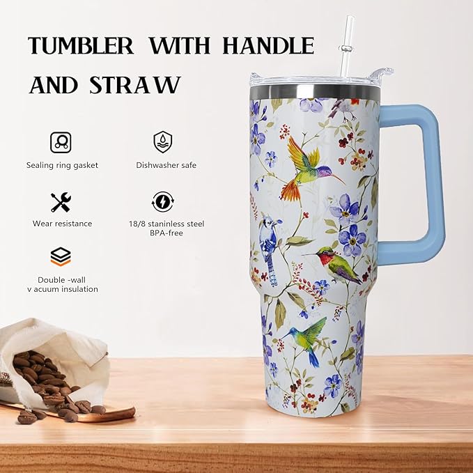 Ceovfoi 40 oz Hummingbird Tumbler with Handle Lid and Straw,Hummingbird Stainless Steel Coffee Tumbler Mug Cup Watter Botter,Bird Gifts for Bird Lovers Women, Hummingbird Stuff/Accessories - Bloomnest