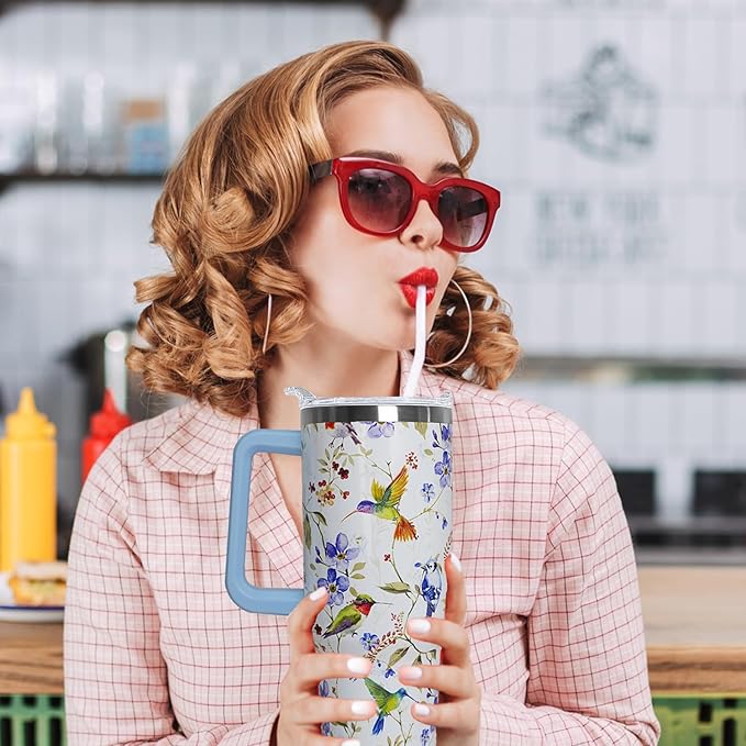 Ceovfoi 40 oz Hummingbird Tumbler with Handle Lid and Straw,Hummingbird Stainless Steel Coffee Tumbler Mug Cup Watter Botter,Bird Gifts for Bird Lovers Women, Hummingbird Stuff/Accessories - Bloomnest