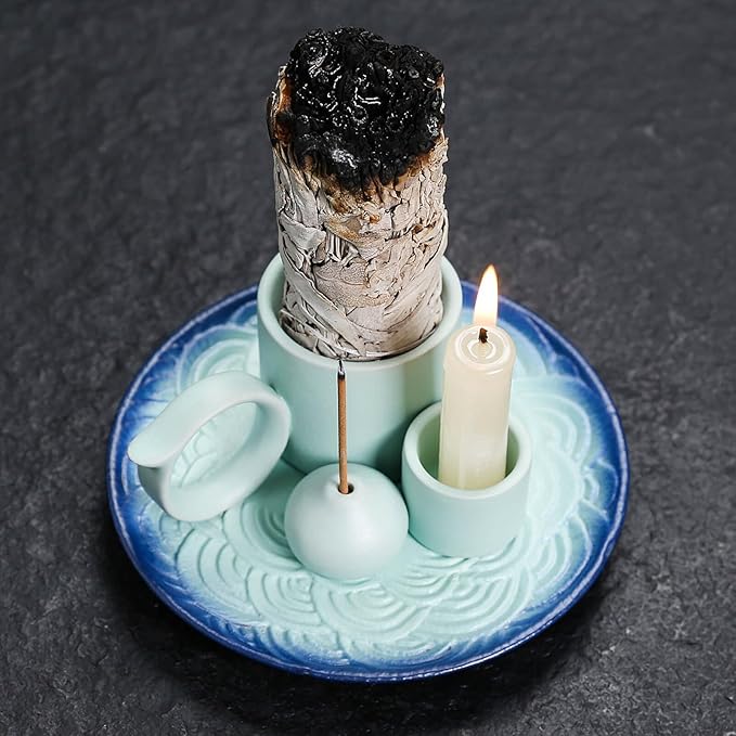 4 in 1 Ceramic Incense Burner Holder with Handle for Burning Sage, Palo Santo Stick, Joss Sticks, Candle in Your New House, Office, Yoga, Meditation Room (Sky Blue) - Bloomnest