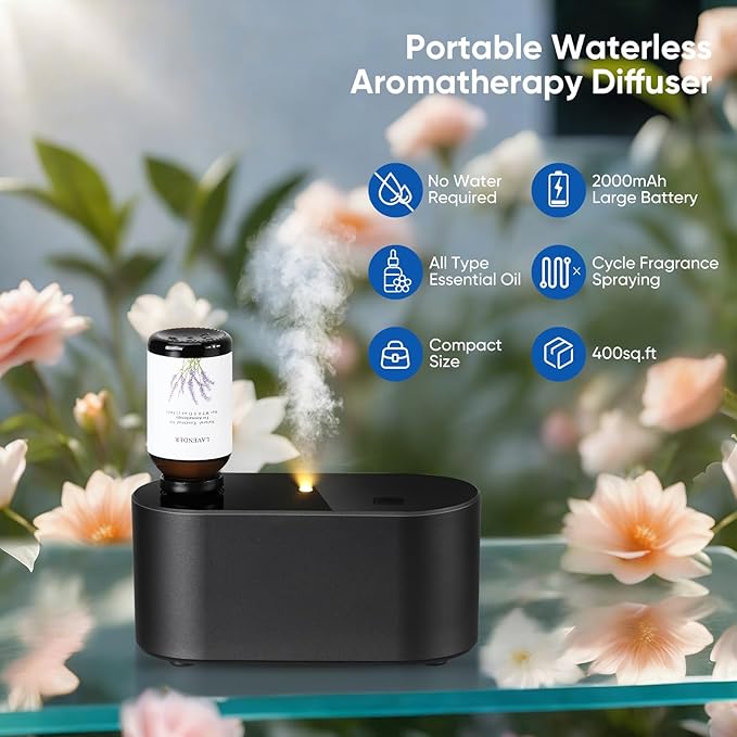 Waterless Essential Oil Diffuser, Mini Scent Air Machine, Aromatherapy Atomizing Diffuser, 3 Mist Modes, Cycle Start for Bedroom, Home, Office 160-700 sq. ft Scent Black - Bloomnest