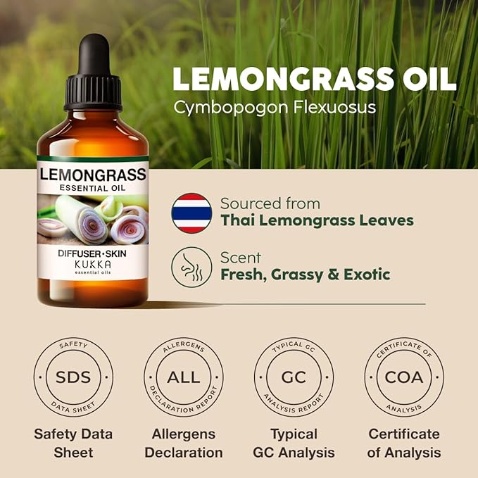 KUKKA Lemongrass Essential Oils - 4 Fl Oz - for Hair, Skin, Diffuser, Aromatherapy & DIY Soap Making Scent - Bloomnest