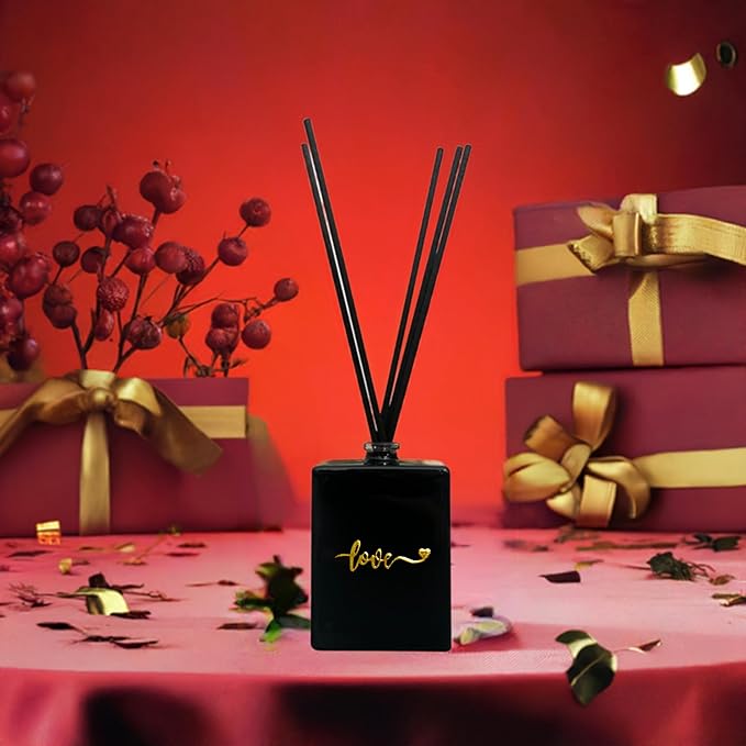 Love Reed Diffuser Set | 3 oz Sleek Black Rectangular Glass Diffuser for Loved Ones | Fresh Smelling Home & Offices | Made with Rose & Amber Essential Oils | Ideal for Small Spaces