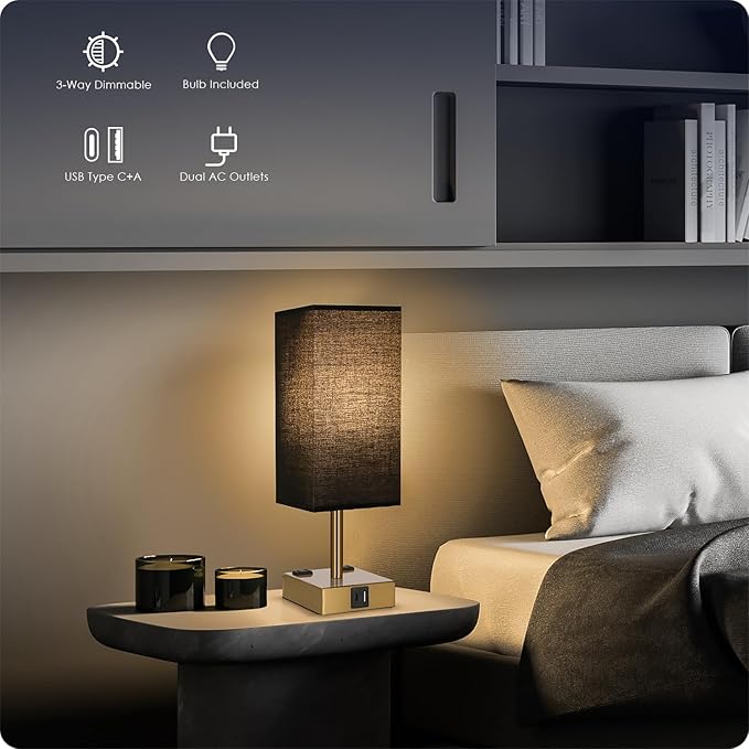 Bedside Lamp with USB Ports - Touch Control Table Lamp for Bedroom with USB C+A Charging Ports & AC Outlets, 3 Way Dimmable Nightstand Light for Living Room (LED Bulb Included, Brass - Black) - Bloomnest