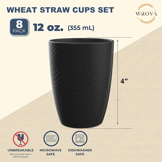 Wheat Straw Cups 8 PCS Good Alternative to Plastic Reusable Cups 12 oz Unbreakable Drinking Cup Reusable Dishwasher Safe Water Plastic Glasses with 4 Colors - Bloomnest