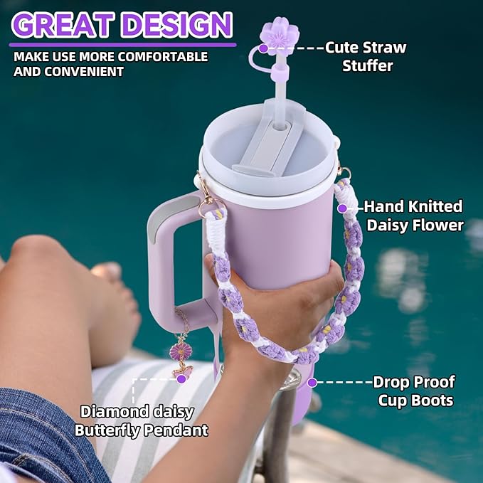 40 oz Tumbler Insulated Mug w/Straw & Flip Cap Lids - Cup Holder Bottle with 6 Accessories Set for Hot, Cold Drink - Leak-Proof - Water, Coffee Portable Travel Mug (Lupine Purple) - Bloomnest