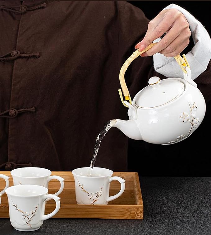 KEYDUACU Japanese Tea Set, White Ceramic Tea Set, Plum Blossom Embossed, Includes 1 Teapot (660ml), 6 Teacups,Tea Tray,Strainer, Can be used at home, outdoor, gift, Chinese Kung Fu Tea Set - Bloomnest
