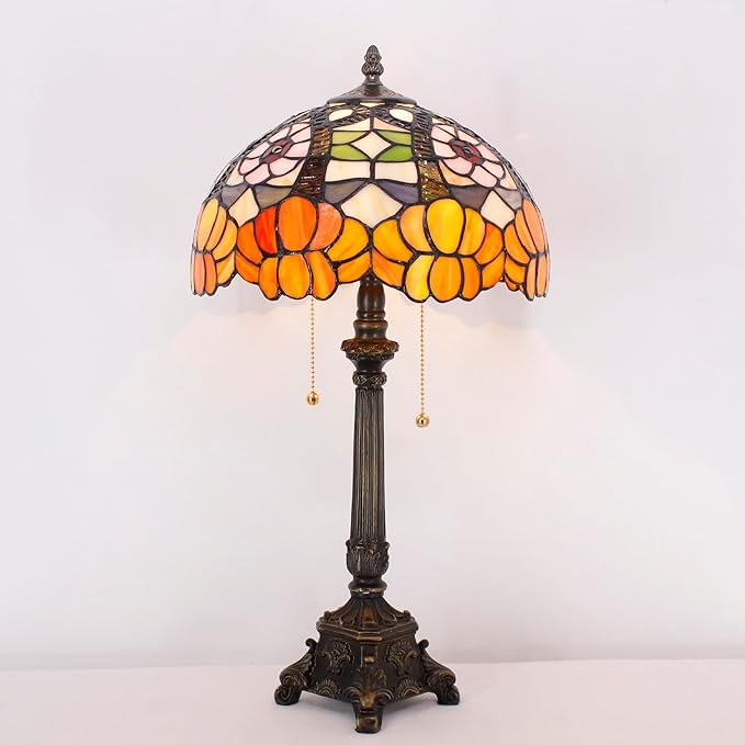 Tiffany Lamp Orange Flower Style Stained Glass Table Lamp Desk Reading Light 12X12X21 Inches with Resin Base Decor Bedroom Living Room - Bloomnest