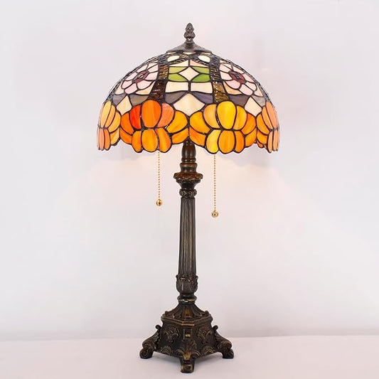 Tiffany Lamp Orange Flower Style Stained Glass Table Lamp Desk Reading Light 12X12X21 Inches with Resin Base Decor Bedroom Living Room - Bloomnest