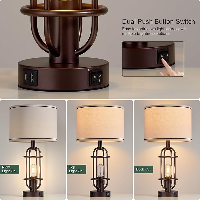 Living Room Lamps Set of 2, 22.3" Farmhouse Table Lamp for Bedroom, Vintage Lamps for Night Stands with USB Ports, Oil Rubbed Bronze - Bloomnest