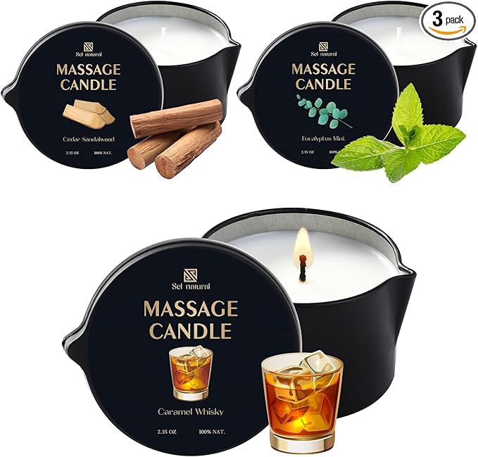 3 Pack Massage Oil Candles 2.35oz Low Temp Massage Candles 3 Scent Spa Therapy Body Oil Home Gift for Relaxation, Couples, or Self-Care (2.35 oz, Eucalyptus Mint, Cedar Sandalwood, Caramel Whisky) - Bloomnest