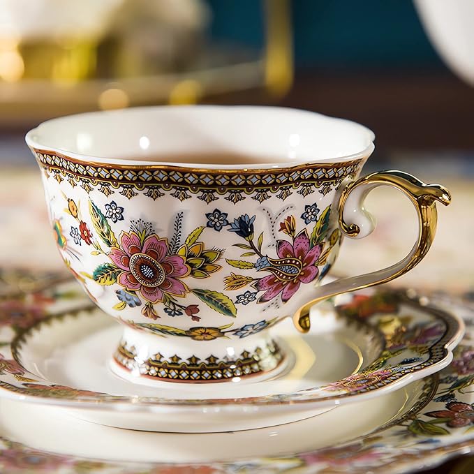 ACMLIFE Bone China Tea Cup and Saucer Set for 1, Vintage Floral Tea Cup with Saucer, Spoon and Gift Box, 6.8 oz (Pink-A) - Bloomnest