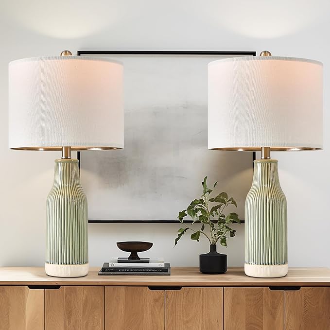 23.75" Modern Green Ceramic Table Lamp Set of 2 for Living Room, Farmhouse Bedside Nightstand Lamp for Bedroom Home Office Dorm - Bloomnest