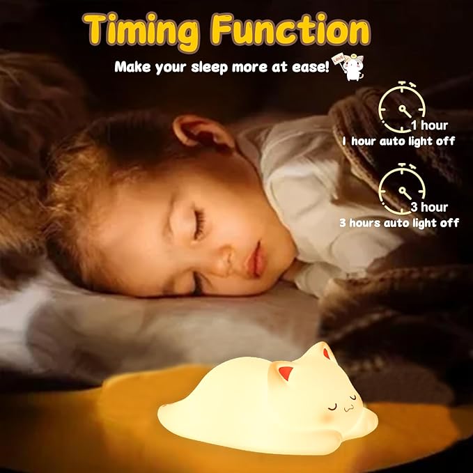 Tremdwoto Cat Night Light for Kids,Cute Colorful Night Light Baby Girl Squishy Night Lights Lamp 1/3 Hour Timer Kitty Light Dimmable Nursery Nightlight,Children's Room Decor，Gifts for Boys and Girls - Bloomnest