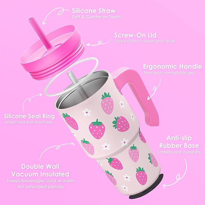 Strawberry Tumbler 20oz with Handle and Silicone Straw Lid for Kid, Insulated Stainless Steel Cup, Gift for Kids Girls, Gifts Idea for Birthday Christmas Back to School - Bloomnest
