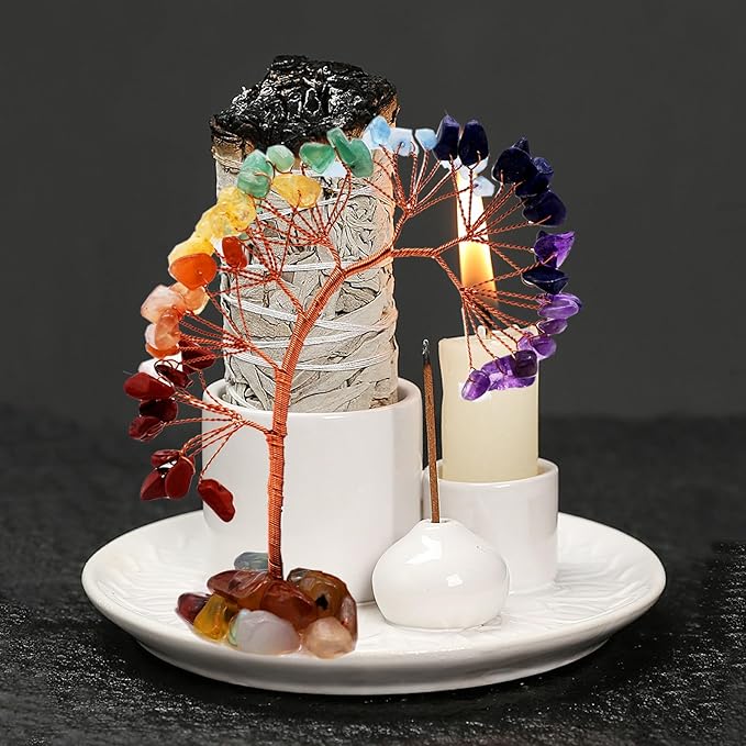 5 in 1 Incense Burner Holder with Crystal Healing Tree, Palo Santo Holder, Sage Holder, Incense Holder for Sticks/Cones/Candles, Ceramic Tray Ash Catcher for Burning Incense, Meditation Gift (White) - Bloomnest