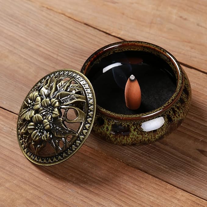 Incense Burner with Calabash Incense Stick Holder - Porcelain Charcoal Censer for Use with Resin Granular Powder Cone or Coil Incense (Fambe Green) - Bloomnest