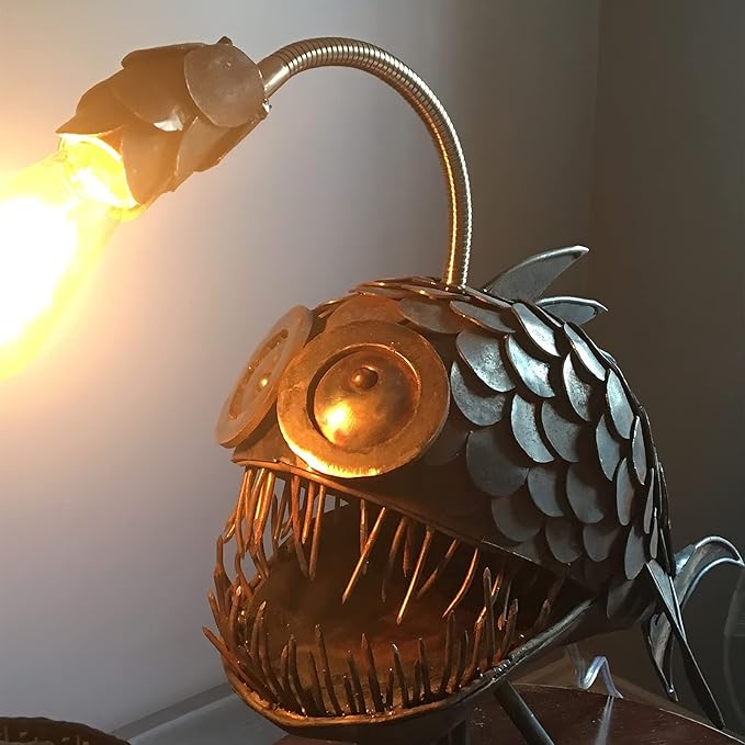 CAFELE Rustic USB Angler Fish Lamp, Shark Lamp Steampunk Style Table Lamp, Simulation Flame LED Bulbs Lights, Handmade Night Lights, Book Lights, Industrial Creative Decor for Home/Office (Small) - Bloomnest