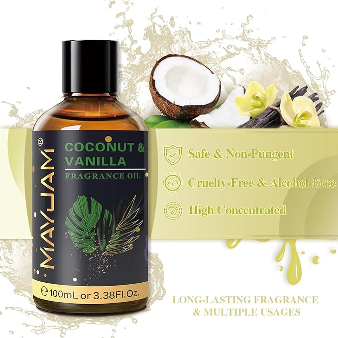 MAYJAM 100ML/3.38FL.OZ Coconut & Vanilla Fragrance Oils with Glass Dropper, Essential Oils for Diffusers for Home, Long Lasting Scented Oils for Diffusers Soap Candle Making - Bloomnest