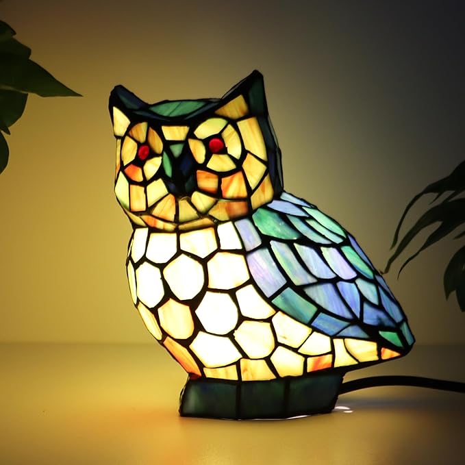 Tiffany Owl Lamp Blue and Green Stained Glass Animal Table Lamp Accent Lamp - Bloomnest