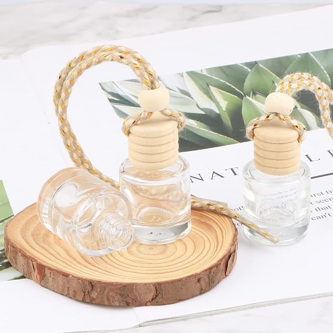 20 Pcs 8ml Hanging Car Air Freshener Diffuser,Empty Clear Glass Essential Diffuser Oil Aromatherapy Fragrance Perfume Pendant Glass Vials with Wooden Caps & Hanging String,Cylindrical - Bloomnest