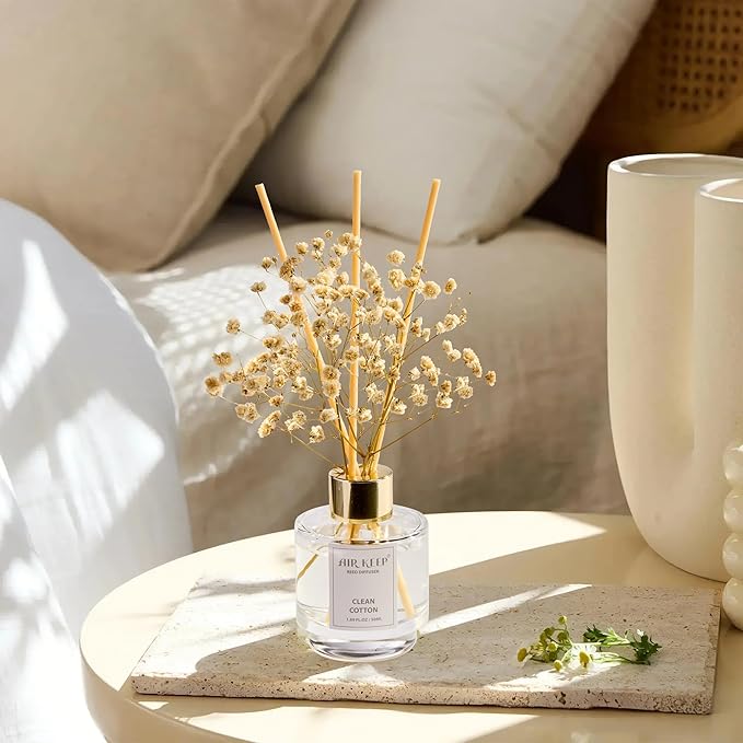 Airkeep Reed Diffuser Set of 3,Clean Cotton White Jasmine White Tea Oil Reed Diffusers for Bedroom Living Room Office Aromatherapy Oil Reed Diffuser for Gift 50ml x 3 - Bloomnest