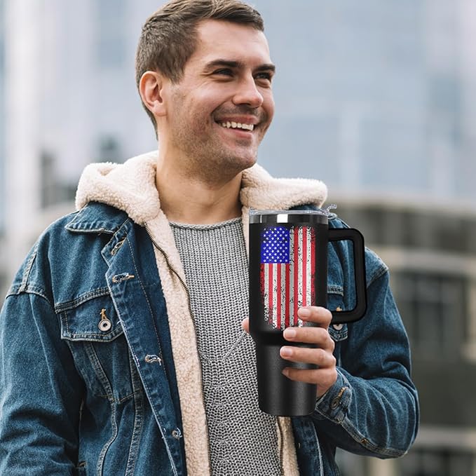 Ceovfoi American Flag Tumbler with Handle,40 oz Dad Vacuum Insulated Stainless Steel Travel Tumblers,Patriotic Military Gifts For Veterans, Police, Fathers Day, 4th of July - Bloomnest