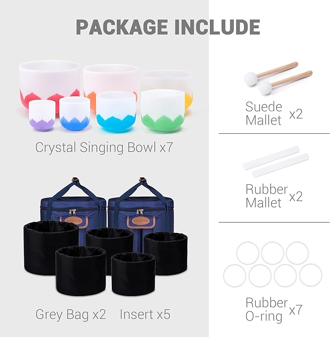 432Hz 6-12 Inch Set of 7 Lotus Quartz Crystal Singing Bowls with Gradient Colored Design, 2 Travel Carry Case Bags and Resonance Striker for Meditation and Sound Therapy - Bloomnest