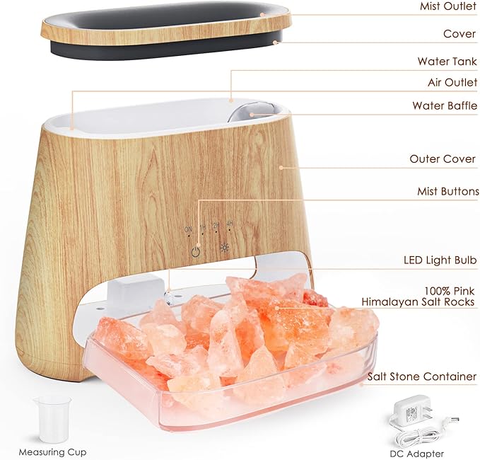 SALKING 2-in-1 Ultrasonic Essential Oil Diffuser & Himalayan Salt Lamp, Aromatherapy Diffuser Cool Mist Humidifier with Auto Off Function, 100% Pure Himalayan Pink Salt Rock, 150ml (Wooden Grain) - Bloomnest