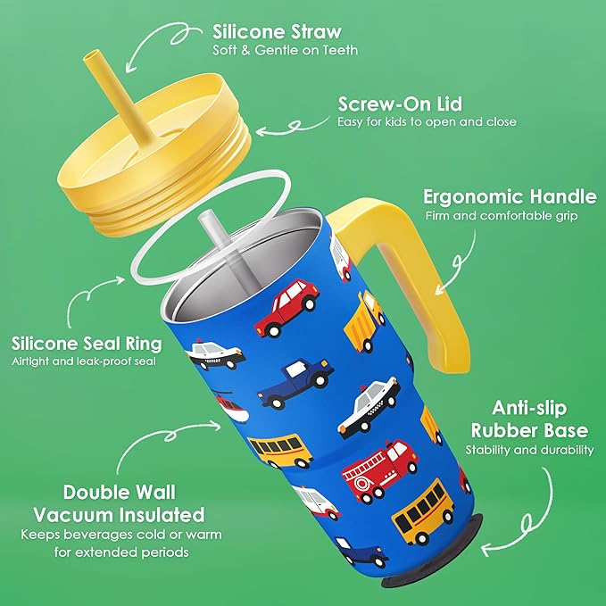 Transportation Tumbler 20oz with Handle and Silicone Straw Lid for Kid, Insulated Stainless Steel Cup, Gift for Kids Boys, Gifts Idea for Birthday Christmas Back to School - Bloomnest
