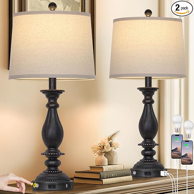 28" Tall Farmhouse Table Lamps for Living Room Set of 2,Vintage Rustic Black Bedside Touch Lamp with USB C+A Ports & AC Outlet, 3-Way Dimmable Resin Nightstand Lamp for Bedroom Entryway Office - Bloomnest