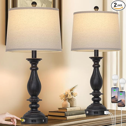 28" Tall Farmhouse Table Lamps for Living Room Set of 2,Vintage Rustic Black Bedside Touch Lamp with USB C+A Ports & AC Outlet, 3-Way Dimmable Resin Nightstand Lamp for Bedroom Entryway Office - Bloomnest