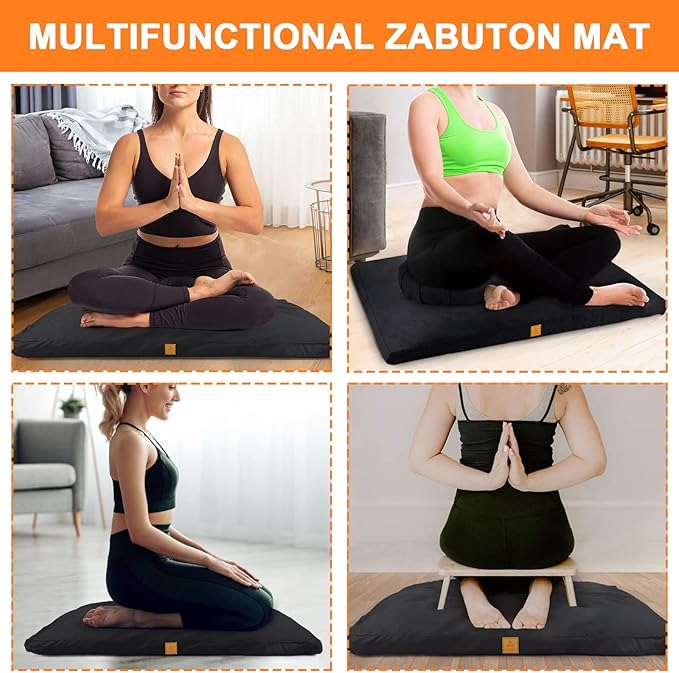 Zabuton Meditation Mat (36"×28"×3") Luxurious Meditation Cushion for Kneeling Sitting Large Floor Pillow Zafu/Bench-Washable Cotton Cover 100% Organic Cotton Filling (Black) - Bloomnest