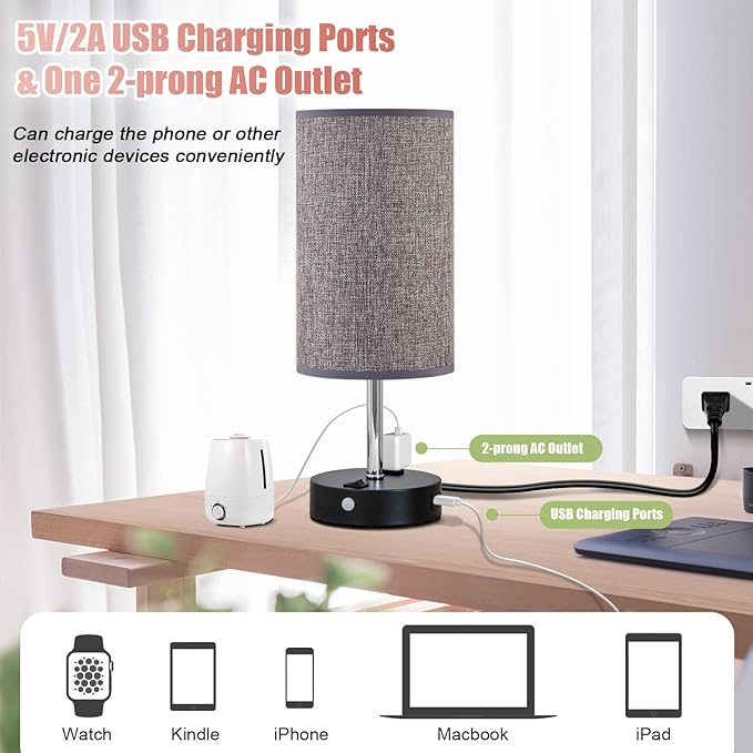 Table Lamps with Motion Sensor and Constant on Two Modes, USB Lamp with Warm White Bulb, Fabric Shade, Built-in USB Port & AC Outlet - Bedside Table Lamp for Bedroom or Living Room - Bloomnest
