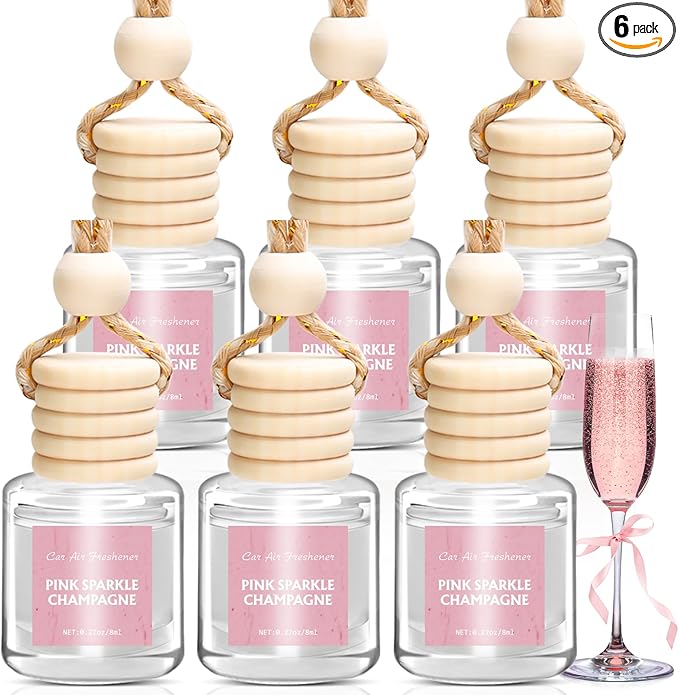 AROIC Car Air Freshener - Pink Sparkle Champagne Fragrance, 6 Pack Long Lasting Essential Oil Fragrance Diffuser, Hanging Cute Automotive Perfumes Interior Decor, Pink Car Accessories for Women & Men - Bloomnest