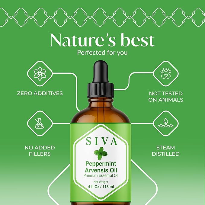 Siva Peppermint Arvensis Essential Oil - 4 Fl Oz – 100% Natural Peppermint Arvensis Oil - for Diffuser, Face, Skin Care, Aromatherapy, Hair Care, Scalp and Body Massage - with Dropper - Bloomnest