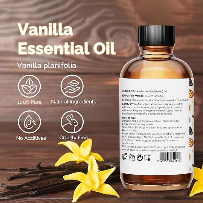 Vanilla Essential Oil 4 Oz, 100% Pure Vanilla Oil for Diffuser, Skin, Hair, Body & Face, Perfume, Sweet Creamy Scent for Relaxation, Aromatherapy & Massage - Bloomnest