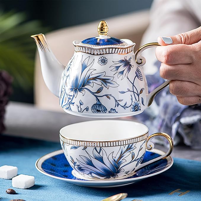 ACMLIFE Tea for One Teapot and Cup Set, Vintage Floral Porcelain Tea Set for One, Bone China Teapot Set, Tea Pot Set Gift for Women (Blue) - Bloomnest
