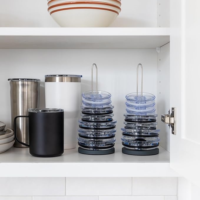2-pk Tumbler Lid Organizer for Cabinet & Countertop - Slim Space-Saving Lid Holder with 9" Sturdy Bar & Weighted, Non-Slip Base - Vertical Storage Cup Lid Organizer - Collapsible Lid Rack for 10 Lids - Bloomnest