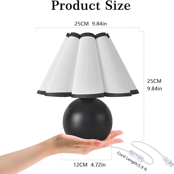 Matte Black Small Bedside Mini Table Lamp for Bedroom, Cute Bedroom Lamps for Nightstand, Cute Mini Table Lamps for Small Spaces with Scalloped Shade for Kitchen Counter, Bookshelf, Kids Dorm, Office - Bloomnest