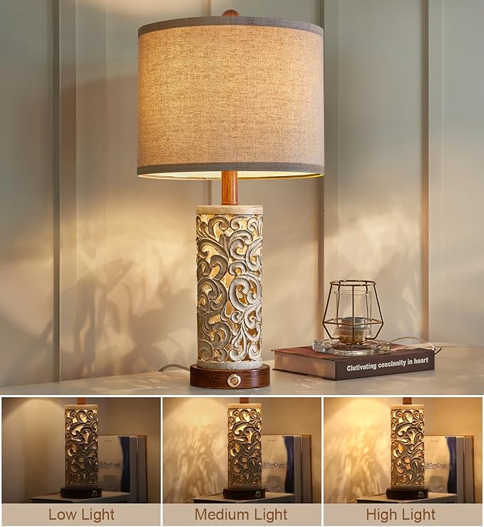 OYEARS 3-Way Dimmable 22'' USB A+C Touch Control Table Lamp with Nightlight for Living Room Bedroom Farmhouse Bedside Nightstand Lamps (Brown Bulb Included - Bloomnest