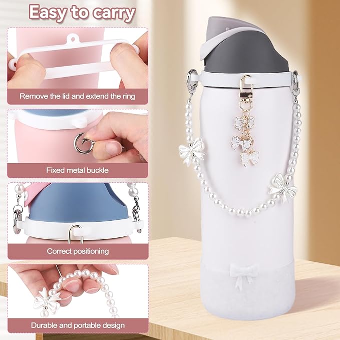 Water Bottle Accessories Set for Owala FreeSip 24oz、32 oz– Includes Pearl Handle Strap, Bow Charms,2.9in .3inch Silicone Bling Boot for Owala Accessories for Women Bloomnest