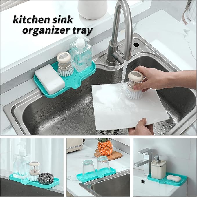 Silicone Bathroom Soap Dishes with Drain Spout-Bathroom and Kitchen Sink Organizer,Sponge Holder,Dish Soap Tray,Perfect for Dispenser,Scrubber,Bottle,Cup on Sink or Counter-Mint 9.6"×5.3" - Bloomnest