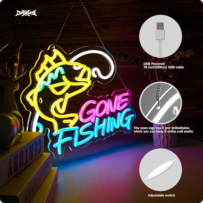 Fishing Neon Sign for Wall Decor Fishing Shop Fishing Gear Store Fisher Club Room Man Cave 5V/2A USB Powered Dimmable - Bloomnest