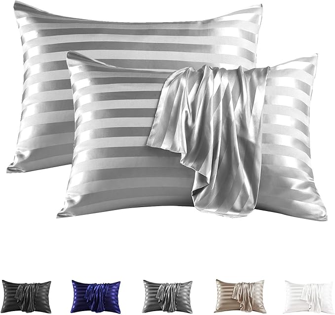 MR&HM Satin Pillowcase for Hair and Skin, Silk Satin Pillowcase 2 Pack, Standard Size Pillow Cases Set of 2, Silky Pillow Cover with Envelope Closure (20x26, Silver Grey Striped) - Bloomnest
