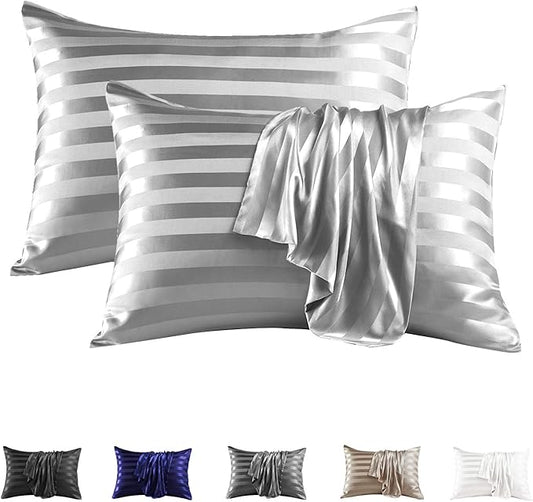 MR&HM Satin Pillowcase for Hair and Skin, Silk Satin Pillowcase 2 Pack, Standard Size Pillow Cases Set of 2, Silky Pillow Cover with Envelope Closure (20x26, Silver Grey Striped) - Bloomnest
